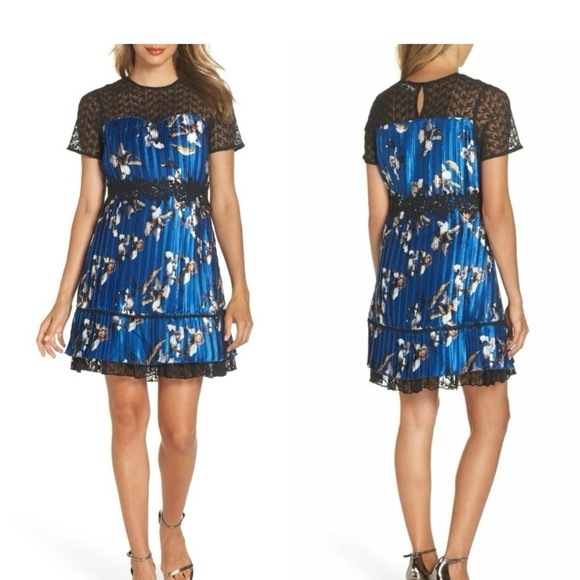 Foxiedox Blue and Black Lace Floral Mini Dress